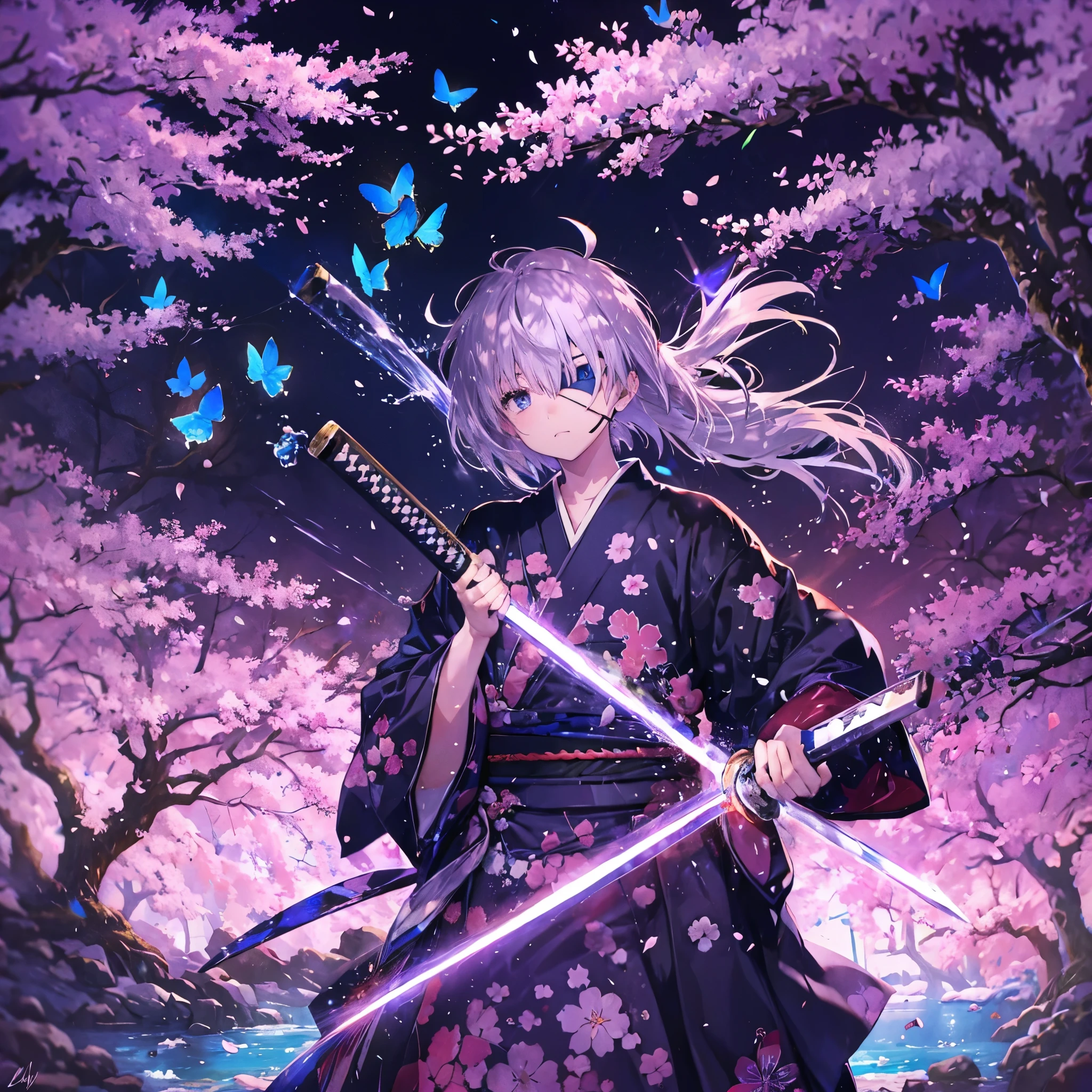(((1 person Gray Hair))) ((((Eye patch)))) (((High resolution short hair Black kimono))) ((Shoulder Rin々Funny face Hold the sword)) ((Black Band samurai Lonely despair blue eyes Pull camera)) ((Blue Butterfly night Japanese style old Cherry Blossom Garden water surface Catch the wind Scattering cherry blossom petals)) ((Japanese sword Two-Way Slashing Bathed in light)) ((Sword Reflection Pink light)) 月night moonlight star Draw your sword Shining Background Shining Edge