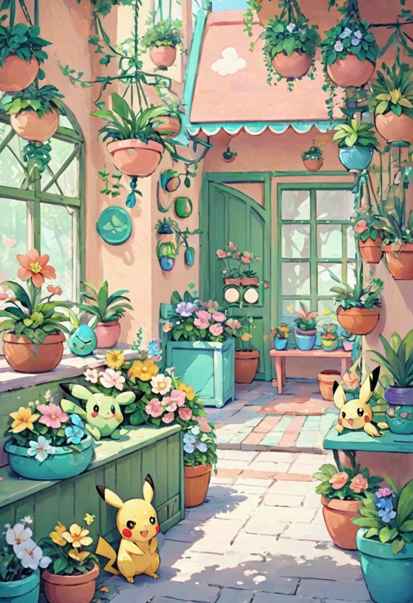 cozy scene featuring hanging planters with adorable Pokémon, adding elements of Pikachu. The planters should be filled with lush greenery and colorful flowers. Include Pikachu comfortably resting in one of the planters, alongside other Pokémon like Celebi and Snivy. Use soft pastel colors and whimsical details to enhance the charm. The background should have subtle stripes with shades of green and peach, maintaining a warm and inviting atmosphere