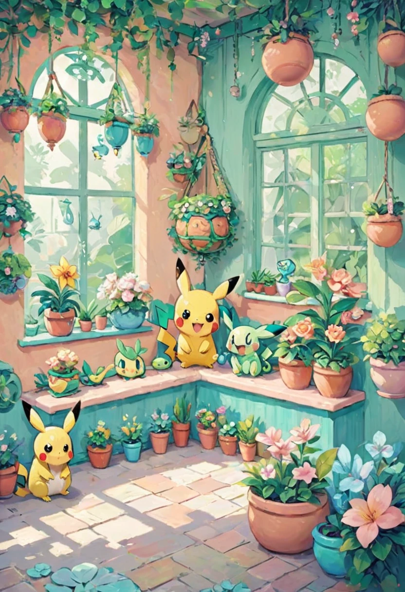 cozy scene featuring hanging planters with adorable Pokémon, adding elements of Pikachu. The planters should be filled with lush greenery and colorful flowers. Include Pikachu comfortably resting in one of the planters, alongside other Pokémon like Celebi and Snivy. Use soft pastel colors and whimsical details to enhance the charm. The background should have subtle stripes with shades of green and peach, maintaining a warm and inviting atmosphere