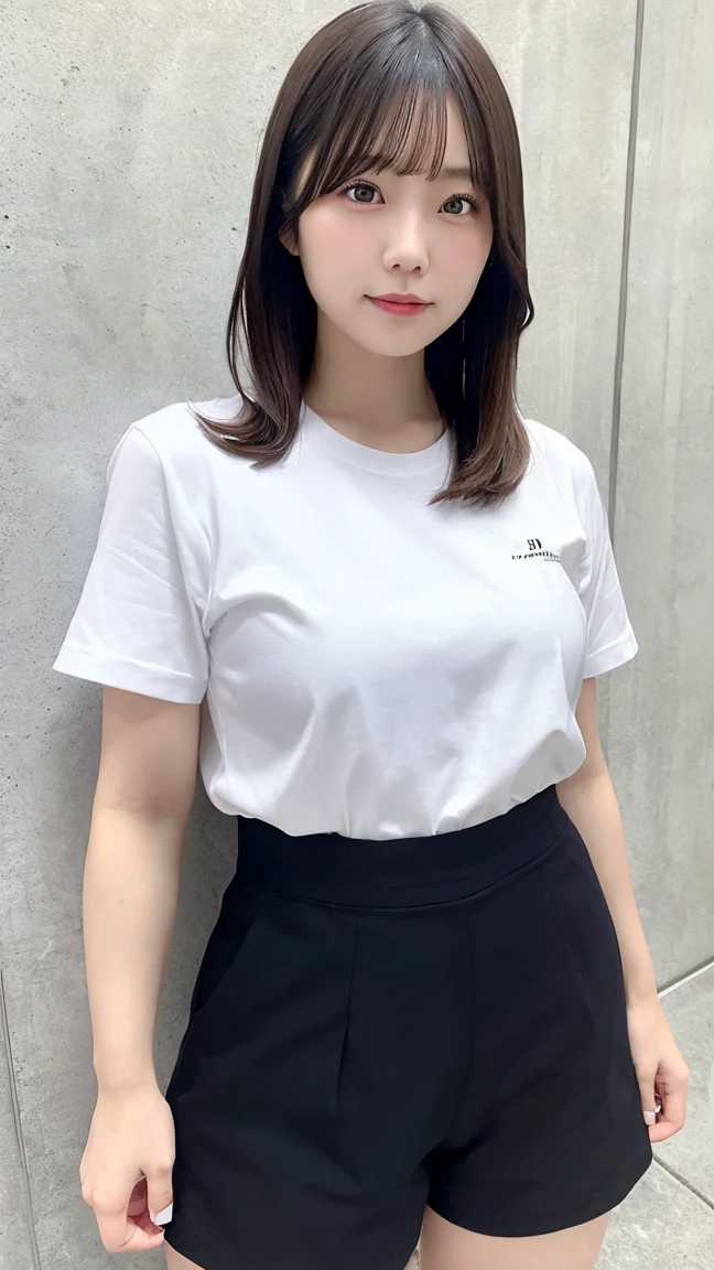 Japan person, woman, single, double, short sleeves, shorts, big breasts, looking down, viewer, white background, realistic, best quality, high resolution, photo