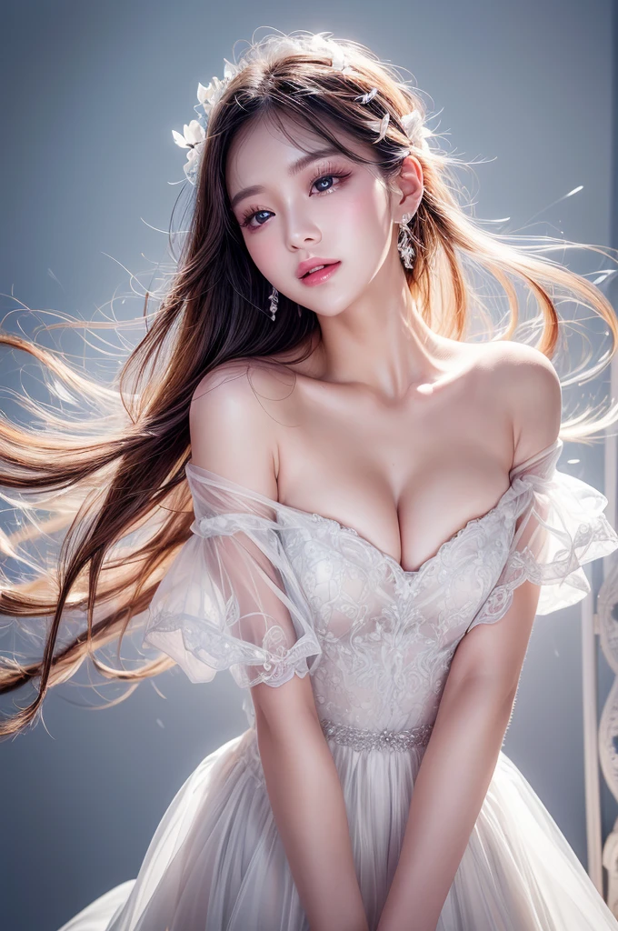 White Background、Professional Lighting、(((Professional Lighting 1.5)))、Translucent skin texture、Beautiful Skin、Beautiful Skin、、Off the shoulder、White Dress、See-through、fluttering feathers、Ecstasy of Musical Notes、(())、Face close-up