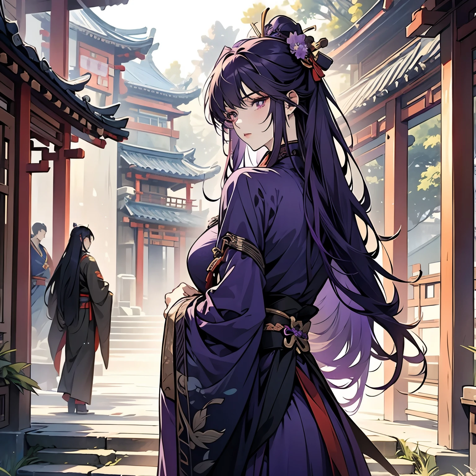 1 women, Raiden Shogun - genshin impact, long purple hair, violet eyes, violet chinese clothes, ultra long skirt, traditional chinese town