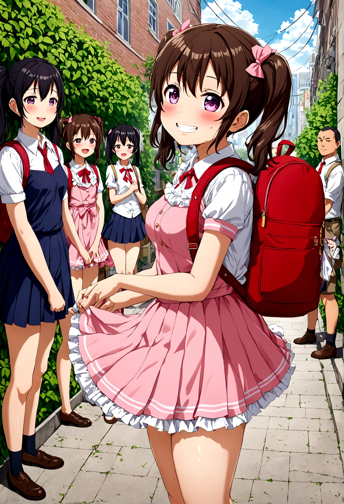 masterpiece, Highest quality, Nico_Yazawa,High resolution, 1 Girl, alone, Brown Hair, short hair, Twin tails、Purple eyes, Cowboy Shot, Frill dress, , Pink Dress, (Cleavage)、(Beautiful thighs)、city, Outdoor, garden, Carrying a red backpack, (randoseru backpack:1.2) Sweaty、Thick thighs、Highest quality、4K、1girl, 8years old, ****, cute, grin, 、Skirt lift striped underwear、In the city、Many passersby are surrounding the girl.、、Thick thighs、Ahegao、Men holding their penises and surrounding girls、Semen from the penis、Bukkake、Bukkake、（Bukkake）