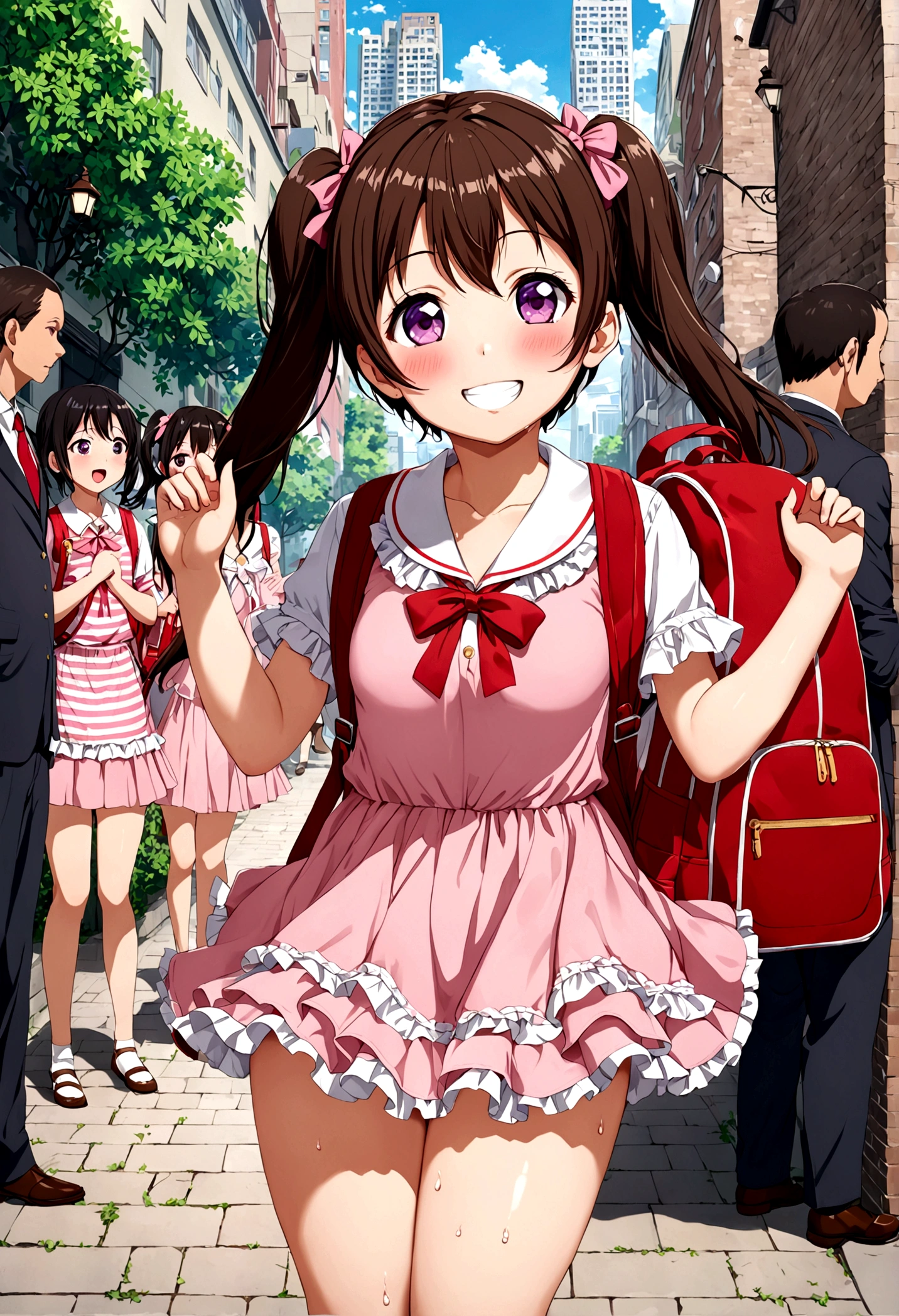 masterpiece, Highest quality, Nico_Yazawa,High resolution, 1 Girl, alone, Brown Hair, short hair, Twin tails、Purple eyes, Cowboy Shot, Frill dress, , Pink Dress, (Cleavage)、(Beautiful thighs)、city, Outdoor, garden, Carrying a red backpack, (randoseru backpack:1.2) Sweaty、Thick thighs、Highest quality、4K、1girl, 8years old, loli, cute, grin, 、Skirt lift striped underwear、In the city、Many passersby are surrounding the girl.、、Thick thighs、Ahegao、Men holding their penises and surrounding girls、Semen from the penis、Bukkake、Bukkake、（Bukkake）