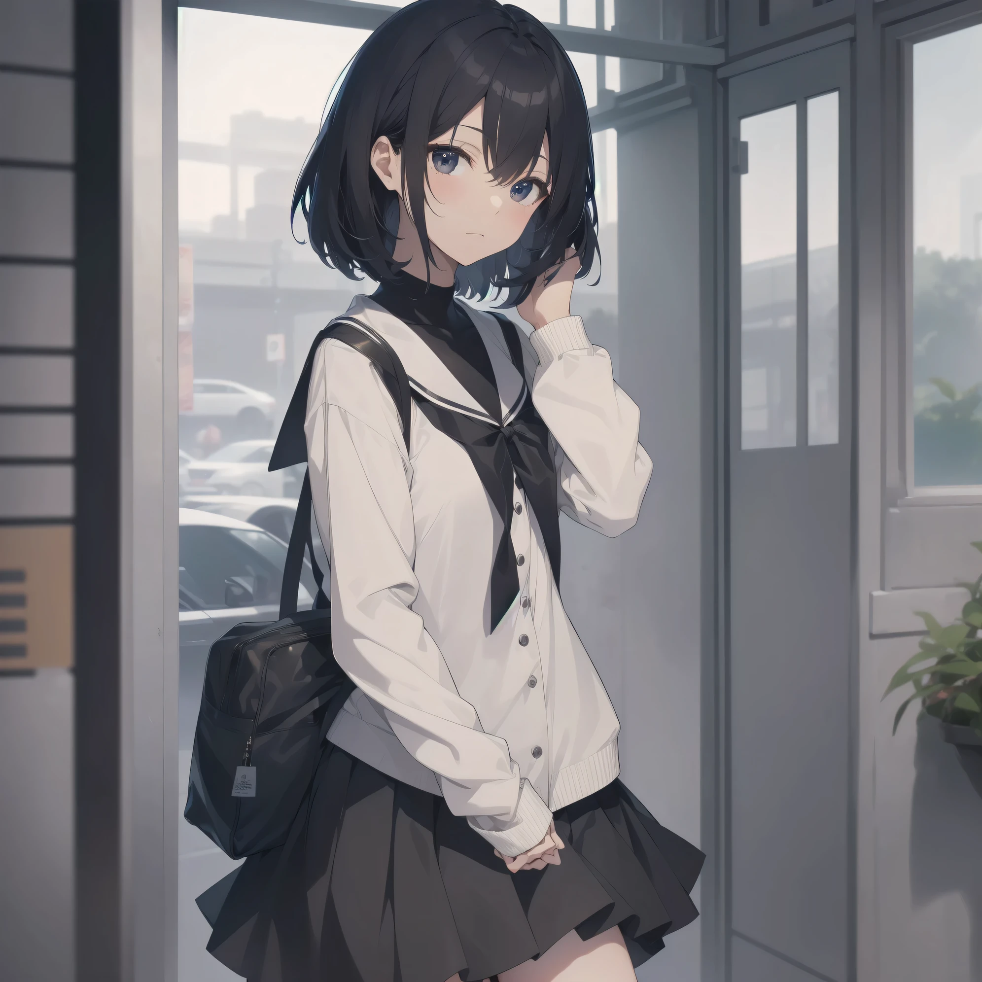 ultra-absurdres-Top quality by artist God, ultra-detailed, high resolution, anime moe artstyle, best anime 8k konachan wallpaper, pixiv contest winner, pool:2810, perfect anatomy,break, 1girl, (Please draw a girl walking sleepily to school alone. )break,(Solo,little female, 13-year-old:1.3),Full limbs, complete fingers,a junior high school student, (very short hair), short cut, flat chest, , small butt, small black eyes, beautiful detailed eyes, well-proportioned iris and pupils, expressive eyes, highres detailed hair, soft expression, salor school_uniform, sailor collar, serahuku, bow, pleated skirt,(Detailed Lighting), (Detailed background), in the School commute route. break,super detailed skin, Best cinematic lighting powered by famous artist, 8k,beauty illustration,photoshop_(medium),very aesthetic,break,((artist:wa_(genryusui) )), artist:clamp ,artist:carnelian ,artist:kantoku ,