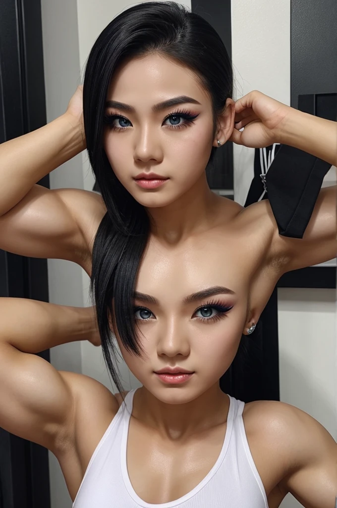 The boy with a muscular body became popular,Bad girl with heavy makeup。