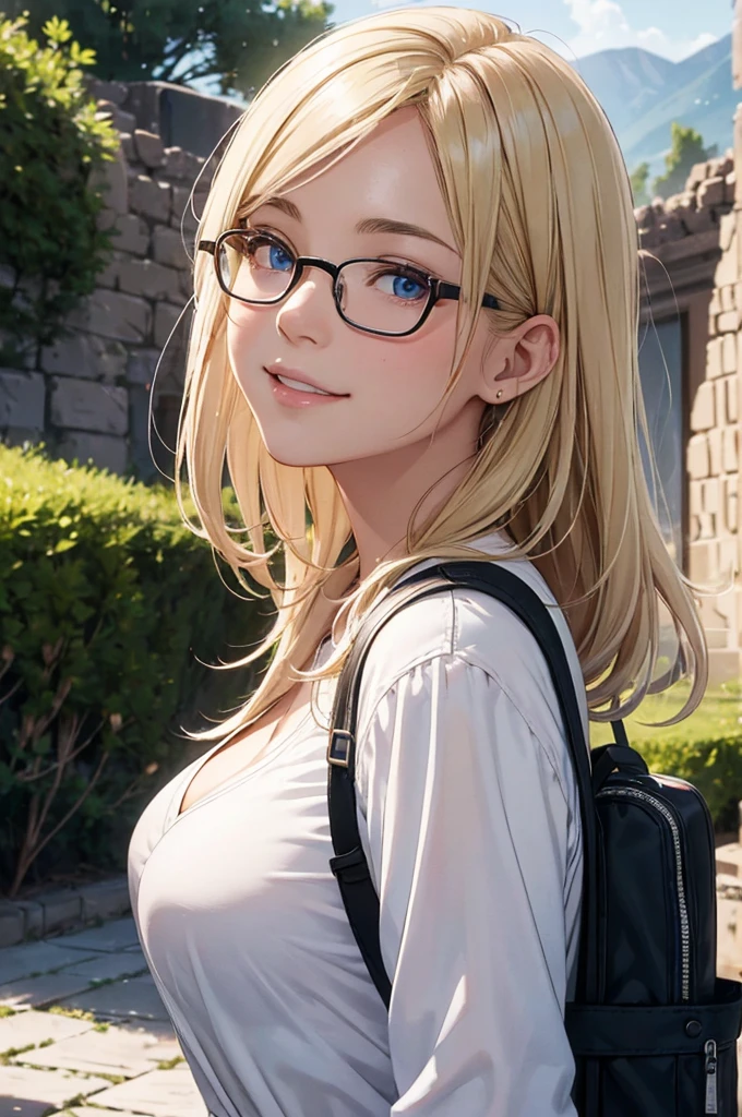 最high quality, high quality, High resolution, high quality texture, high quality shadows, High resolution, Beautiful details, Detailed CG, Detailed Texture, Realistic representation of face, Realistic, colorful, delicate, Cinematic Light, Side light, Lens flare, Ray Tracing, sharp concentrated, (1 Girl,concentrated:1.3), ( Intricate details, compensate, PureErosFaceV1:0.5), (細部まで美しいdelicateな顔, 緻密で美しいdelicateな瞳, Perfect Facial Proportions, Dense skin, Optimal ratio of four fingers to one thumb, Modest chest, Beautiful Hips, Smooth upper abdomen, blue eyes , glasses ,White shirt, Denim pants ,trekking shoes, , Backpack, ,buzzer, blue sky,adventure journey ,the gaze of true love, lips of temptation, A look full of compassion ,a smile full of love, Acting lovey-dovey, waist up, 35 years old, hiking,house wife,show off nipples under white shirt, air fortress hair, blonde hair,jordan,Petra Ruins