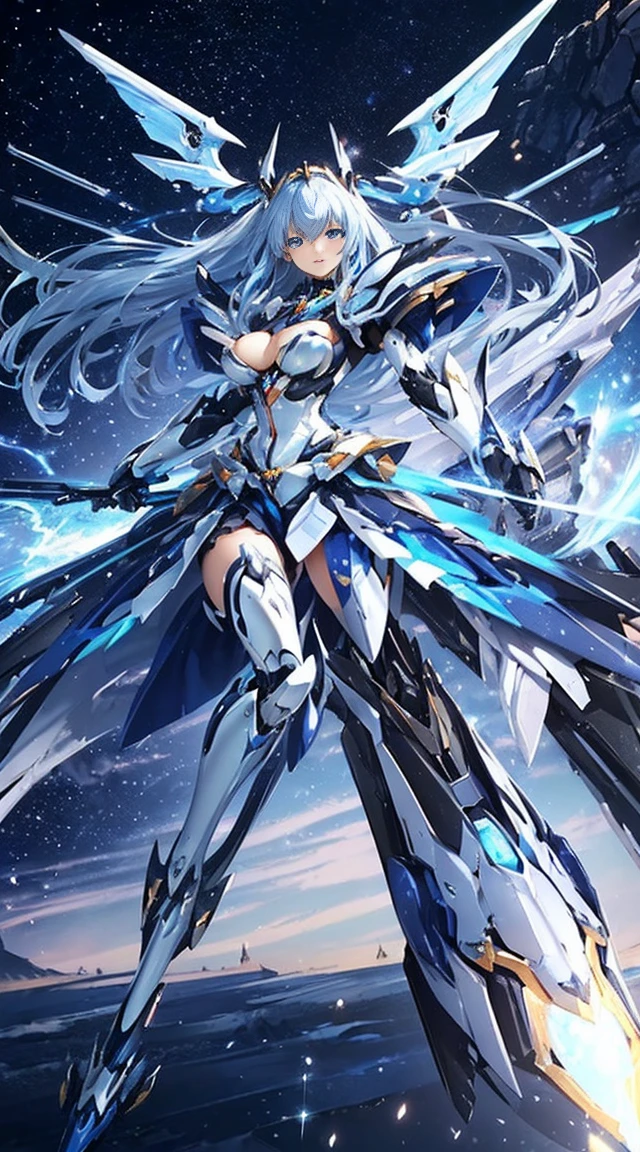 ((Tabletop)), ((Highest quality)), (Ultra-high resolution), Ultra-thin illustration, Highly detailed face, RAW Photos, Professional, Ultra-fine painting, Detailed metal texture, Detailed cloth texture, Perfect Anatomy, Genuine, (alone), ((Beautiful woman dressed as a Mecha angel)), Beautiful breasts, Concept Art, (Combat pose), Detailed science fantasy art, (Beautiful and shiny silver hair), ((Has large and beautiful sapphire blue Mechanical wings)), (Beautiful Blue Eyes), (Beautiful eyes in every detail:1.6), (Mecha:1.6)Sleek and intimidating design, (Action pose), (Pearl white and sapphire blue heavy weapon long-range attack weapon type armor dress is exclusive to Marshals), Starry Sky, Browsing Caution