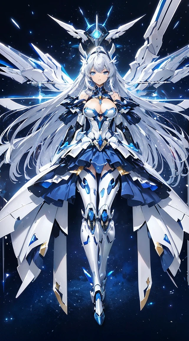 ((Tabletop)), ((Highest quality)), (Ultra-high resolution), Ultra-thin illustration, Highly detailed face, RAW Photos, Professional, Ultra-fine painting, Detailed metal texture, Detailed cloth texture, Perfect Anatomy, Genuine, (alone), ((Beautiful woman dressed as a Mecha angel)), Beautiful breasts, Concept Art, (Combat pose), Detailed science fantasy art, (Beautiful and shiny silver hair), ((Has large and beautiful sapphire blue Mechanical wings)), (Beautiful Blue Eyes), (Beautiful eyes in every detail:1.6), (Mecha:1.6)Sleek and intimidating design, (Action pose), (Pearl white and sapphire blue heavy weapon long-range attack weapon type armor dress is exclusive to Marshals), Starry Sky, Browsing Caution