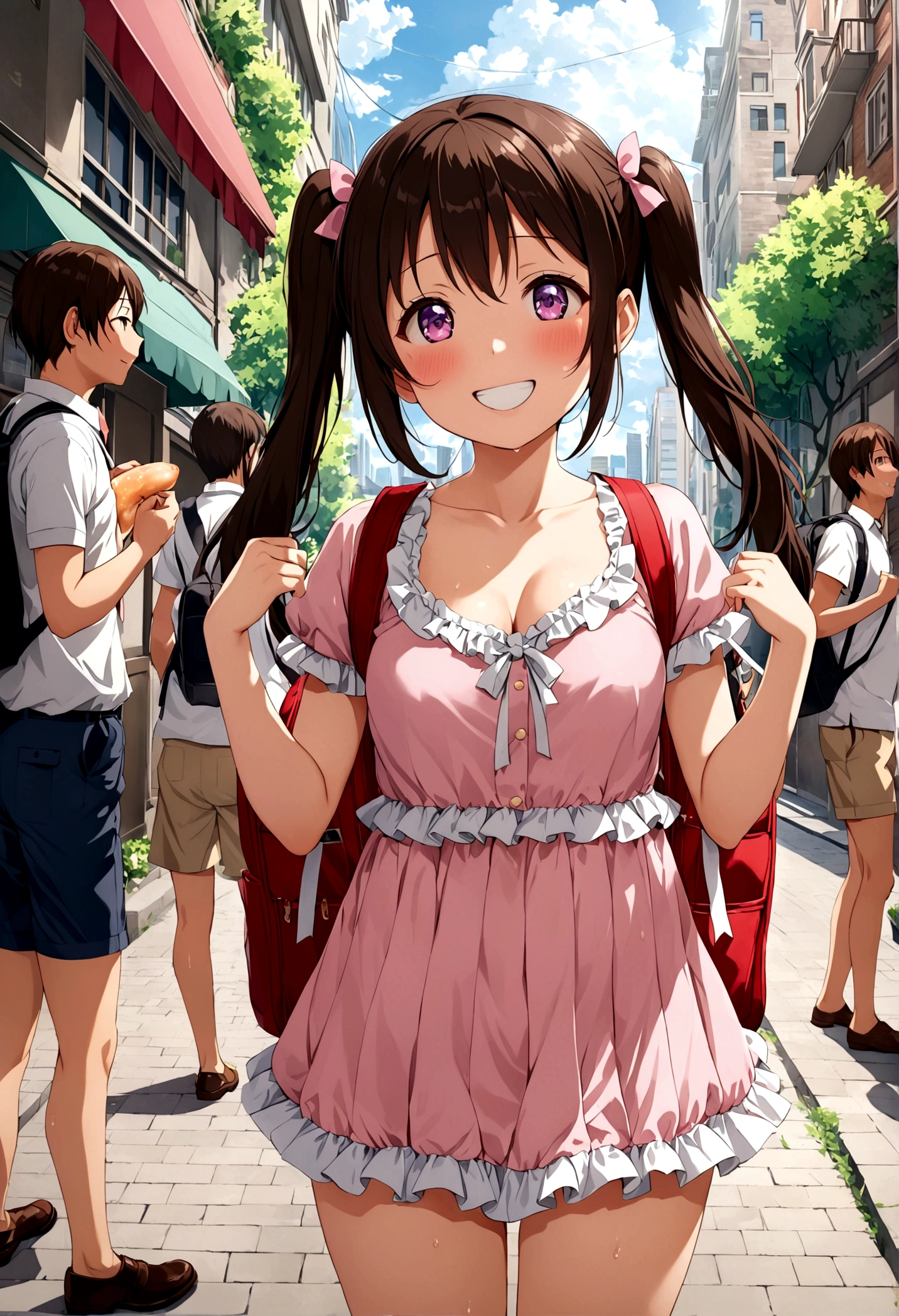 masterpiece, Highest quality, Nico_Yazawa,High resolution, 1 Girl, alone, Brown Hair, short hair, Twin tails、Purple eyes, Cowboy Shot, Frill dress, , Pink Dress, (Cleavage)、(Beautiful thighs)、city, Outdoor, garden, Carrying a red backpack, (randoseru backpack:1.2) Sweaty、Thick thighs、Highest quality、4K、1girl, 8years old, ****, cute, grin, 、Skirt lift striped underwear、In the city、Many passersby are surrounding the girl.、、Thick thighs、Ahegao、Men holding their penises and surrounding girls、Semen from the penis、Bukkake、Bukkake、（Bukkake）