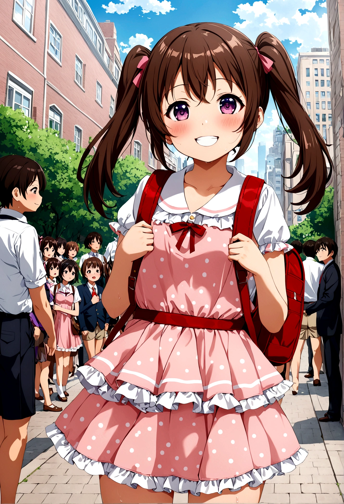 masterpiece, Highest quality, Nico_Yazawa,High resolution, 1 Girl, alone, Brown Hair, short hair, Twin tails、Purple eyes, Cowboy Shot, Frill dress, , Pink Dress, (Cleavage)、(Beautiful thighs)、city, Outdoor, garden, Carrying a red backpack, (randoseru backpack:1.2) Sweaty、Thick thighs、Highest quality、4K、1girl, 8years old, ****, cute, grin, 、Skirt lift striped underwear、In the city、Many passersby are surrounding the girl.、、Thick thighs、Ahegao、Men holding their penises and surrounding girls、Semen from the penis、Bukkake、Bukkake、（Bukkake）