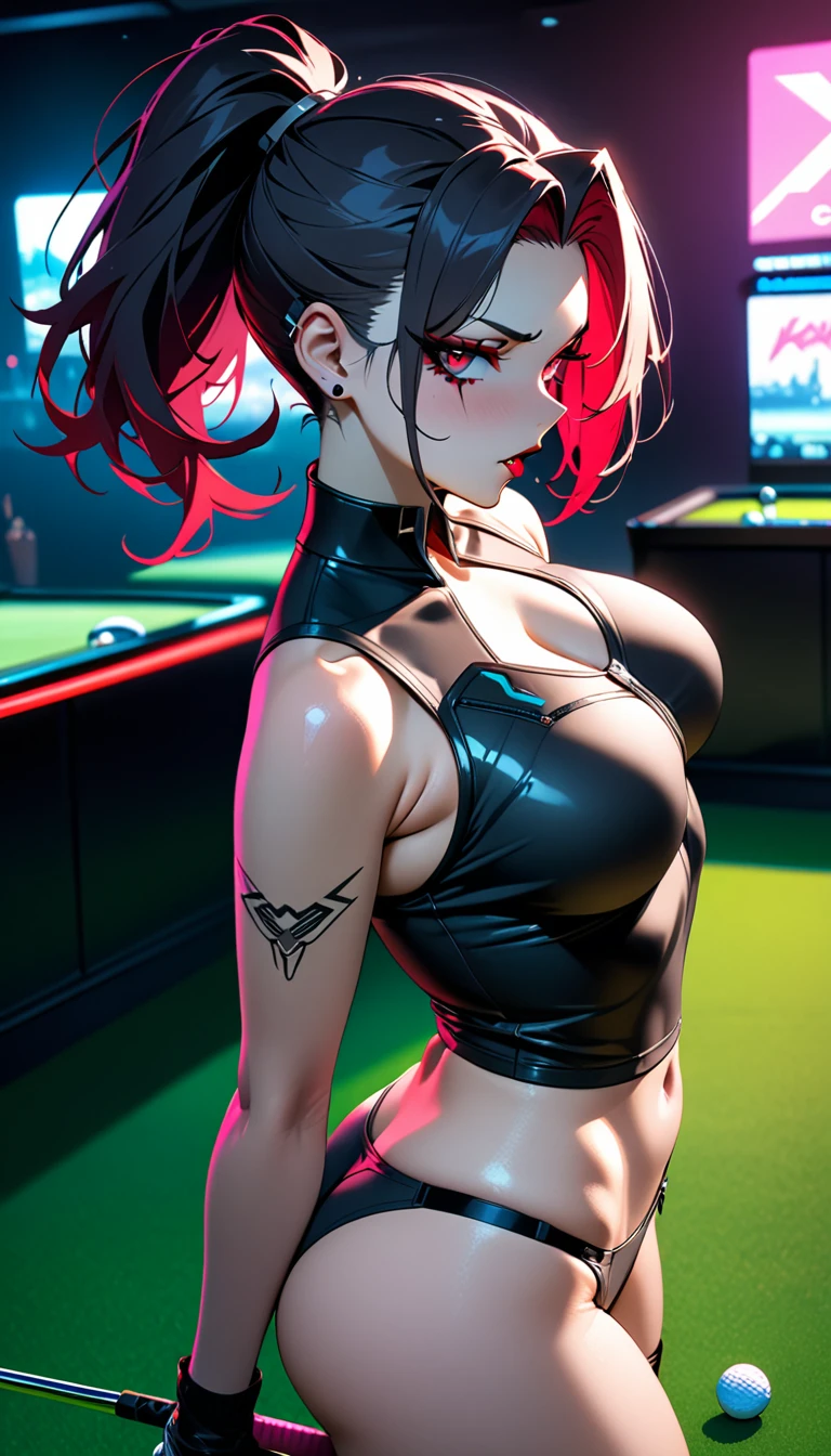 (masterpiece, best quality:1.2), 1girl, solo, sexy cyberpunk vampire, golf hair