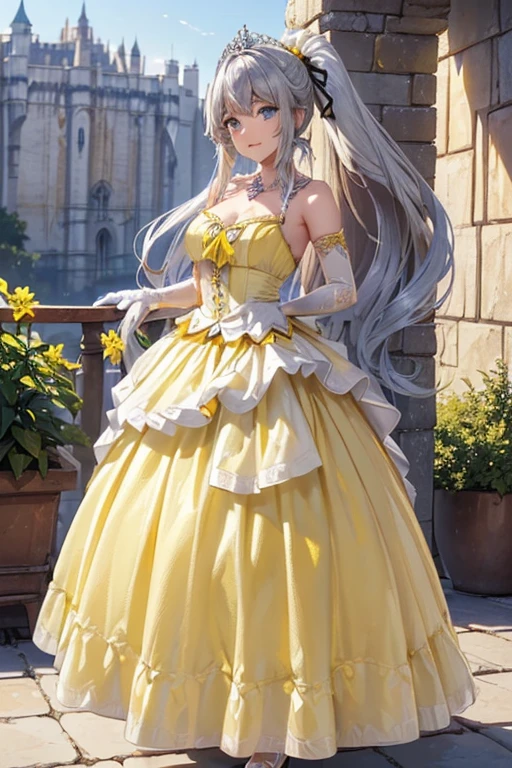 #Basics A girl is posing for a photo, animeのかわいい女の子, (((One Girl, Baby Face, Young girl, ))), 
BREAK 

#Clothing Accessories 
((Yellow and white)Quinceañera(Long skirt dress):1.6) + (Yellow and white)corset:1.6, (Sheer white elbow gloves:1.8, White high heels:1.4), 
((Luxury Silver Bracelets, large silver necklace, Silver Tiara)), 
BREAK 

#Features 
(Sky blue hair:1.4, Bangs that expose the forehead:1.4, Chest-length sideburns:1.4 + Curly hair:1.4, (ponytail : Long Hair + Curly Hair + Curled up + Plump and voluminous + very thick hair + Large black ribbon)), 
(Droopy eyes,blue eyes), (Small breasts), 
BREAK 

#expression 
(smile, 嬉しそうなexpression), 
#background environment 
((noon, sunlight + Castles in a fantasy world:1.4, Walking)), 
#composition 
((To the camera:1.4, Cowboy Shot:1.4)), 
BREAK 

#Body parts elements 
(Detailed hair, Beautiful Hair, Shiny Hair), 
(double eyelid, Long eyelashes), 
(Expression of fine eyes, Beautiful and delicate eyes, Sparkling eyes, Eye Reflexes), 
(Human Ear), 
(Beautiful Nose, Thin Nose), 
(Glossy lips, Beautiful Lips, Thick lips), (Symmetrical facial features), 
(Detailed skin, Textured skin, Beautiful Skin), 
BREAK 

#Quality 
(((Highest quality)), ((masterpiece)), ((Very detailed))), ((High resolution), (16K,1080P)), 
(Realistic), (Anatomically correct), 
((comics, anime)), (3DCG), CG illustration,
