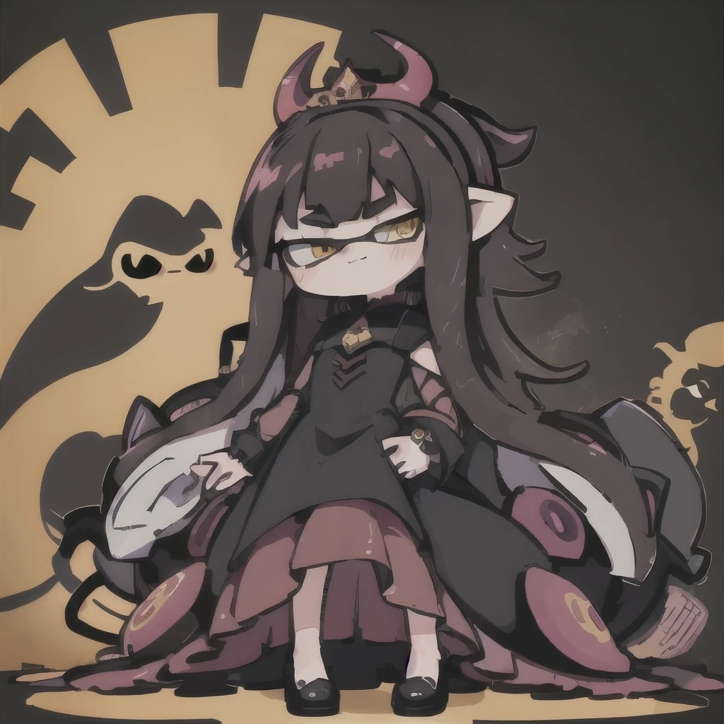 One Splatoon girl,Fantasy Demon King、Golden Eyes、Black tiara、Black and red long layered ruffle dress、Long sleeve,Smug face, Are standing, Black tentacle hair, Long tentacle hair, Black Horn,