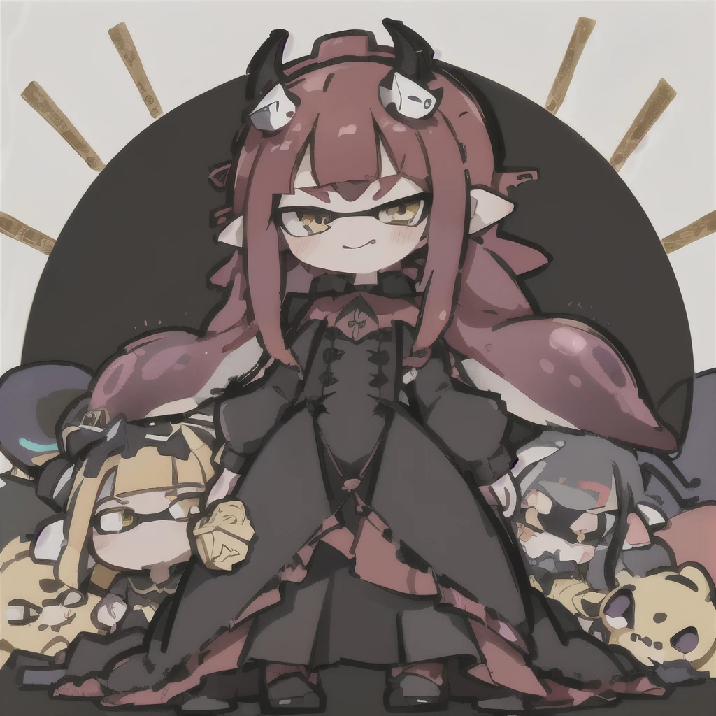 One Splatoon girl,Fantasy Demon King、Golden Eyes、Black tiara、Black and red long layered ruffle dress、Long sleeve,Smug face, Are standing, Black tentacle hair, Long tentacle hair, Black Horn,