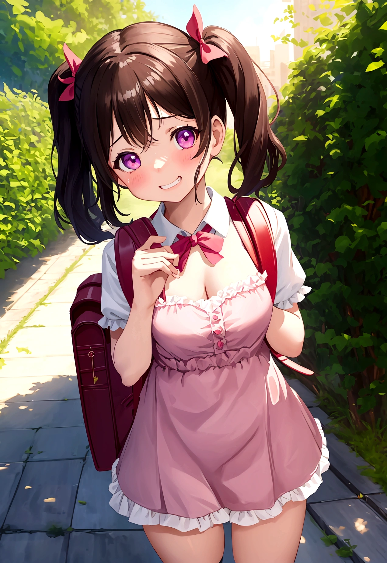 masterpiece, Highest quality, Nico_Yazawa,High resolution, 1 Girl, alone, Brown Hair, short hair, Twin tails、Purple eyes, Cowboy Shot, Frill dress, , Pink Dress, (Cleavage)、(Beautiful thighs)、city, Outdoor, garden, Carrying a red backpack, (randoseru backpack:1.2) Sweaty、Thick thighs、Highest quality、4K、1girl, 8ars old, lo, cute, grin, 、Micro Skirt、Striped underwear、In the city、Many passersby are surrounding the girl.、、Thick thighs、Ahegao、Men holding their penises and surrounding girls、Semen from the penis、Bukkake、Bukkake、（Bukkake）