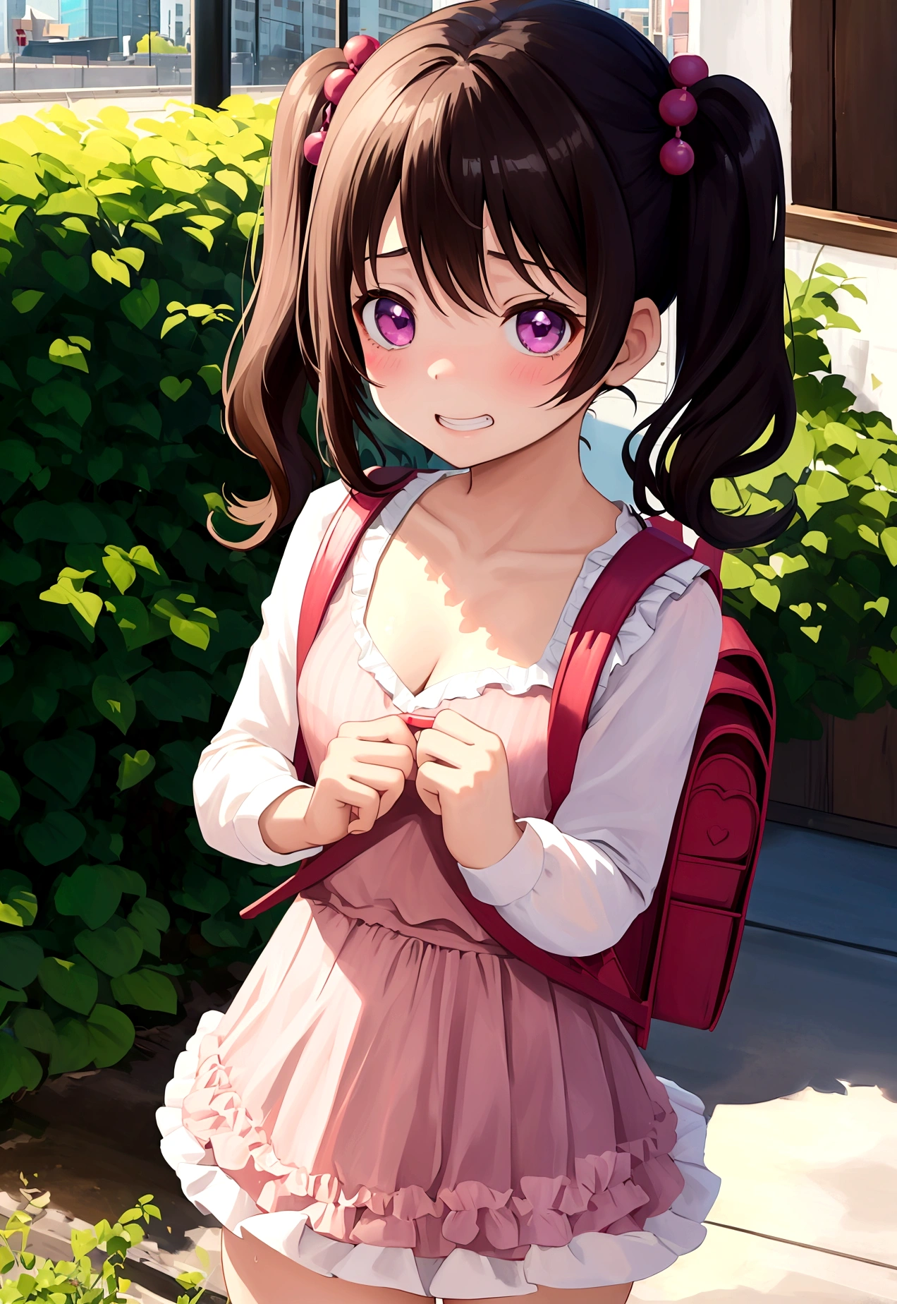 masterpiece, Highest quality, Nico_Yazawa,High resolution, 1 Girl, alone, Brown Hair, short hair, Twin tails、Purple eyes, Cowboy Shot, Frill dress, , Pink Dress, (Cleavage)、(Beautiful thighs)、city, Outdoor, garden, Carrying a red backpack, (randoseru backpack:1.2) Sweaty、Thick thighs、Highest quality、4K、1girl, 8years old, ****, cute, grin, 、Micro Skirt、Striped underwear、In the city、Many passersby are surrounding the girl.、、Thick thighs、Ahegao、Men holding their penises and surrounding girls、Semen from the penis、Bukkake、Bukkake、（Bukkake）