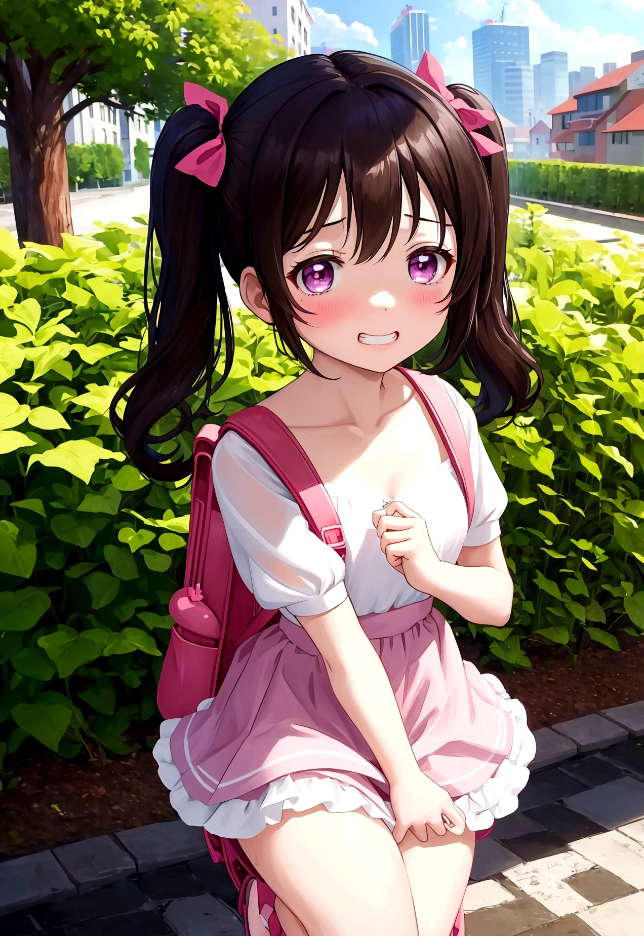 masterpiece, Highest quality, Nico_Yazawa,High resolution, 1 Girl, alone, Brown Hair, short hair, Twin tails、Purple eyes, Cowboy Shot, Frill dress, , Pink Dress, (Cleavage)、(Beautiful thighs)、city, Outdoor, garden, Carrying a red backpack, (randoseru backpack:1.2) Sweaty、Thick thighs、Highest quality、4K、1girl, 8years old, ****, cute, grin, 、Micro Skirt、Striped underwear、In the city、Many passersby are surrounding the girl.、、Thick thighs、Ahegao、Men holding their penises and surrounding girls、Semen from the penis、Bukkake、Bukkake、（Bukkake）