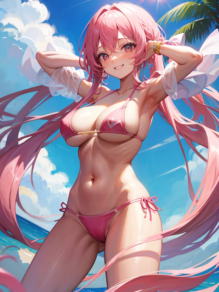 Pink long hair　Very big boobs　Bikini swimsuit with less fabric　Raising his arms to show his armpits　smile　Location: Pool