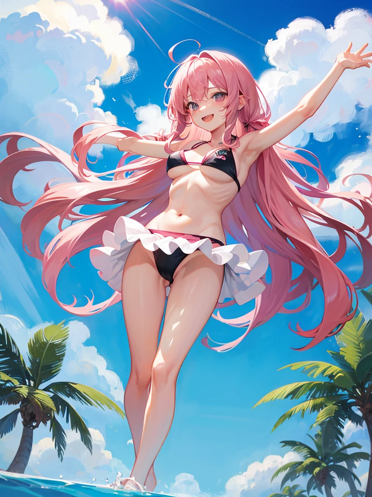 Pink long hair Very big boobs Bikini swimsuit with less fabric Raising his arms to show his armpits smile Location: Pool