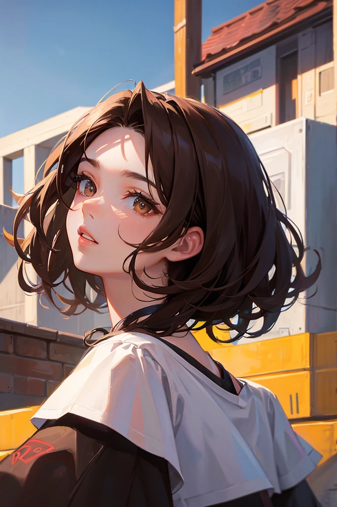 8K, Highest quality, masterpiece, Ultra-detailed、Brown Hair、Medium Hair、full lips、Brown eyes、18Year-old beauty、Portrait、Rooftop、Staring、T-Shirts、