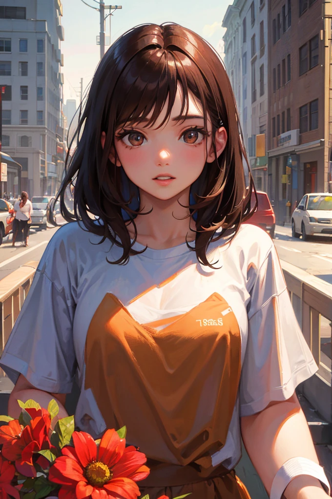 8K, Highest quality, masterpiece, Ultra-detailed、Brown Hair、Medium Hair、full lips、Brown eyes、18Year-old beauty、Portrait、Rooftop、Staring、T-Shirts、