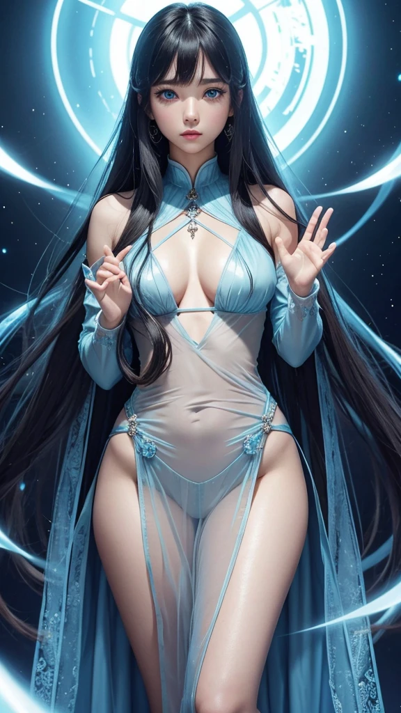 8K、Ultra HD、anime、（A very beautiful female character with beautiful features）、（（Beautiful clear blue eyes））、（（The whole body faces forward））、Beautiful long hair、Messy bangs、（Beautiful and well-proportioned depiction of the whole body）、（Beautiful depiction of limbs）、（（（Beautiful long thin fingers）））、（（（Prayer Pose）））、（（Wearing a pale blue, shiny, sheer outfit））、（（Aries Background））、（（（I&#39;m directing my gaze here）））、