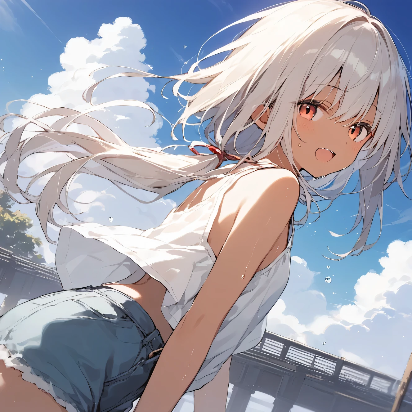 score_9, score_8_up, score_7_up, source_anime, best quality, masterpiece, official art, absurdres, highres, ultra-detailed,waifu2x,Collection: Slice of Life,break,1girl, tomboy, dark-skinned female, short hair, low ponytail, flat chest, beautiful detailed eyes, short shorts, sweat, open mouth, (yawn:0.3), sleepily, outdoors, wind, break,(clear line illustration:1.2),very high resolution, very aesthetic, super detailed skin, Best sexual lighting powered by famous artist, 8k,cute picture,beauty illustration,photoshop_(medium),,(Detailed Lighting),best anime 8k konachan wallpaper, pixiv contest winner,