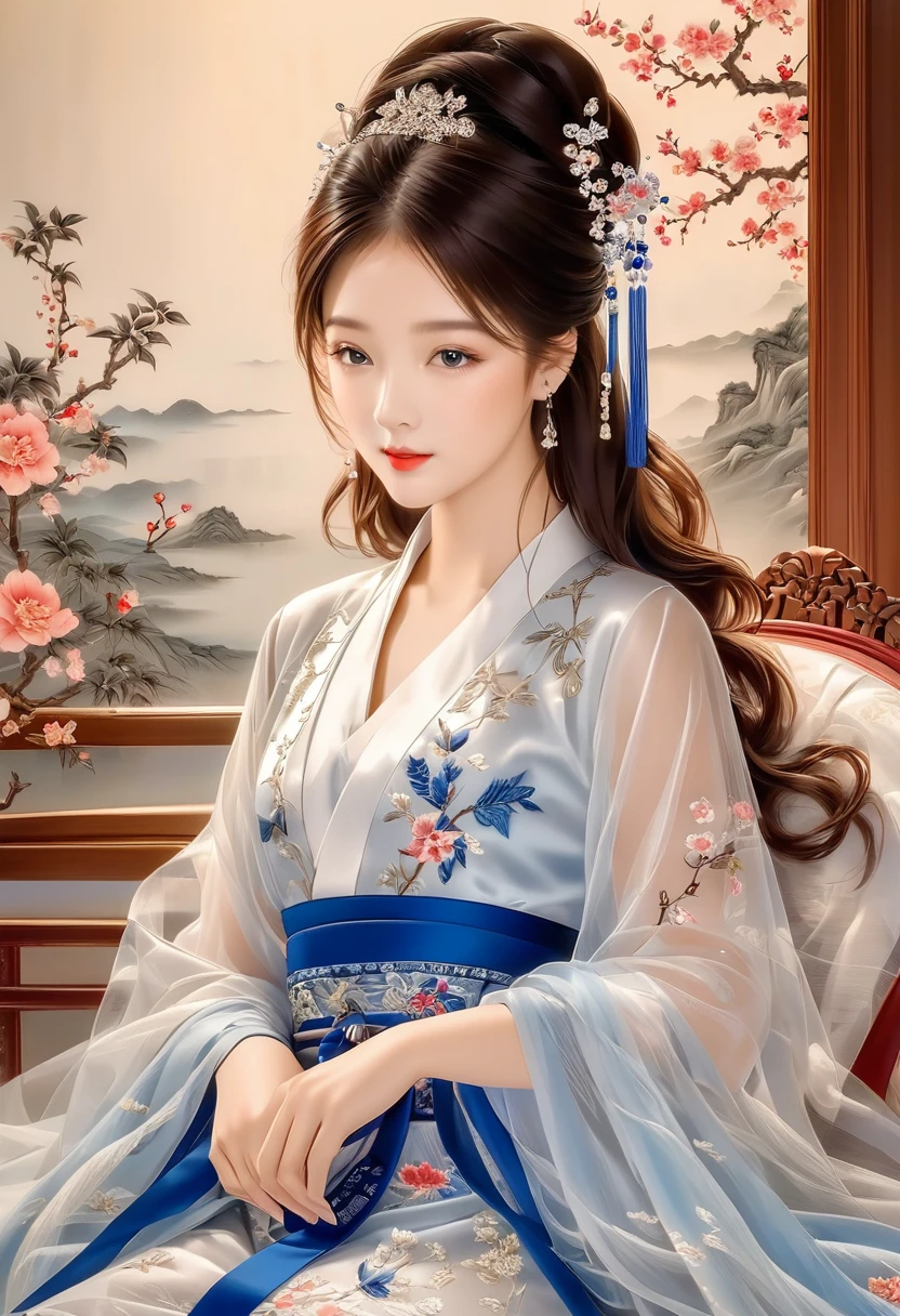 embroidery，Three-dimensional embroidery，(A picture of blue ornate Suzhou embroidery hangs on the wall）,blue-white petals, Silk material embroidery, Inspired by Yao Jianping’s dream of Su embroidery works，translucent，abundant cleavage,painting on silk, alcohol ink art