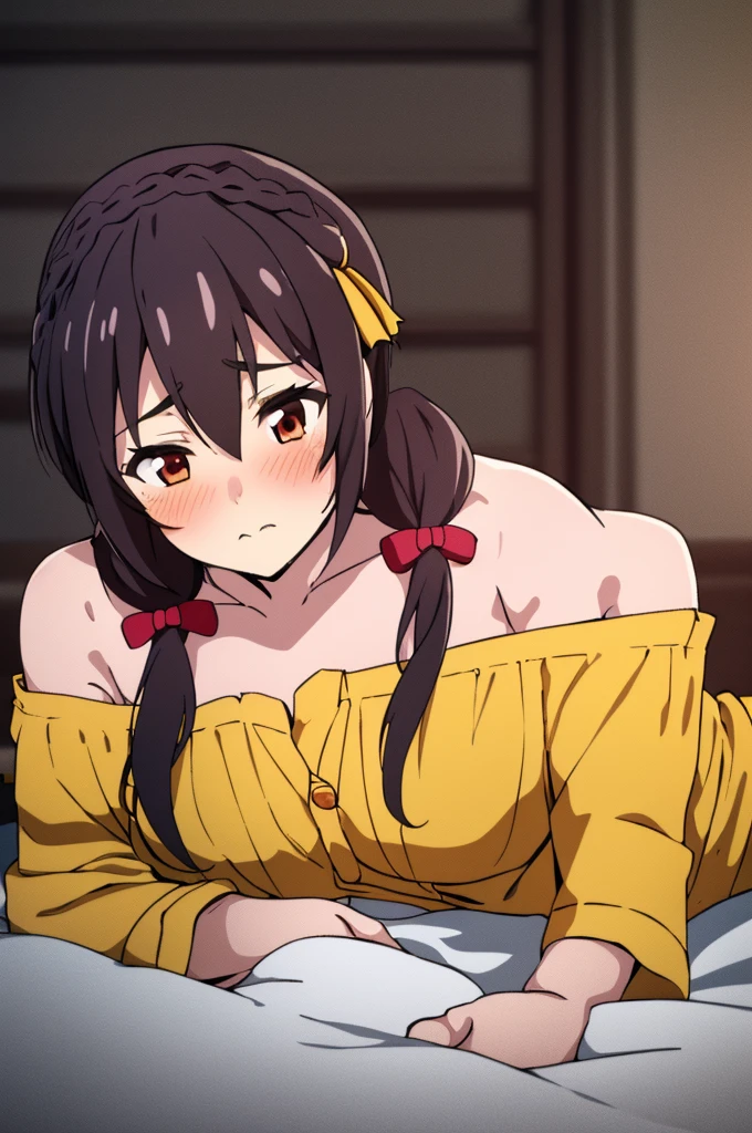 (masterpiece, Highest quality), One girl, Yunyun,Long Hair,Braiding,Twin tails,Hair between the eyes,Red hair ribbon,hair ornaments,large round breasts,、Black Hair、Red Eyes、(Sleepy face:1.2)、bed、Crown Blade,(Yellow off-the-shoulder pajamas:1.5)、cowboy shot、(blush)、Lying down