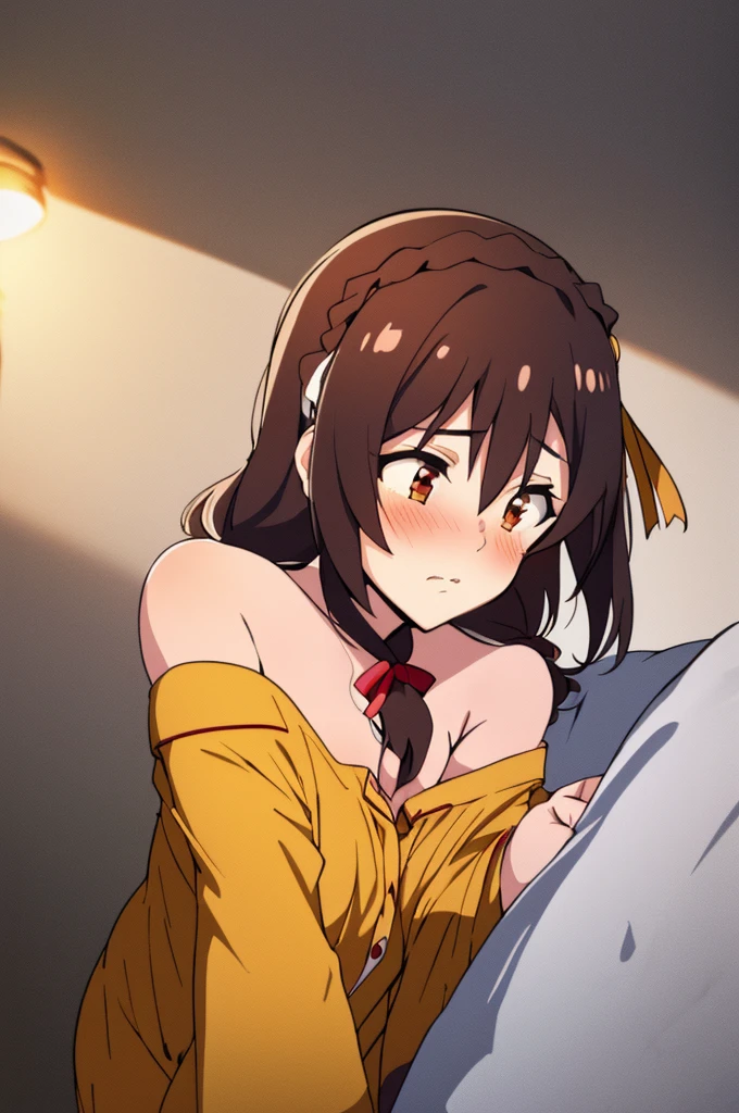 (masterpiece, Highest quality), One girl, Yunyun,Long Hair,Braiding,Twin tails,Hair between the eyes,Red hair ribbon,hair ornaments,large round breasts,、Black Hair、Red Eyes、(Sleepy face:1.2)、bed、Crown Blade,(Yellow off-the-shoulder pajamas:1.5)、cowboy shot、(blush)、Lying down