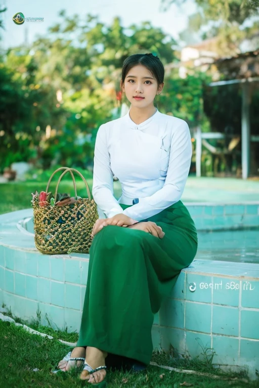 3 school teachers is 30years old.Tall, thin, big hips, big breasts, black hair, small lips, brown eyes, attractive, K.Top=white Burmese blouse,With long sleeves,Buttoned at the side.Bottom=(Dark green) long skirt.
Footwear=female Burmese sandals,The hair is knotted bun.Hijab