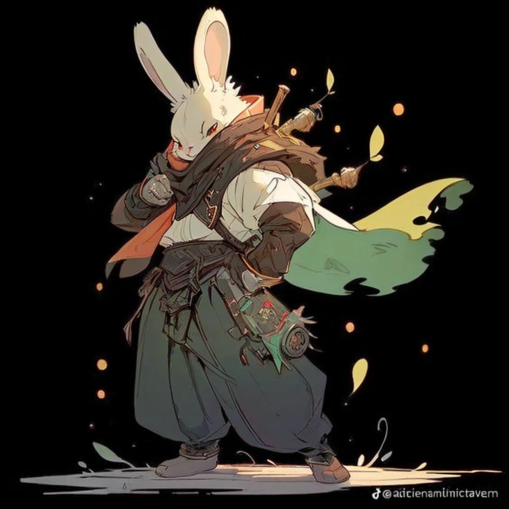 (((highest quality))), masterpiece, (medium shot:1.4), 1 rabbit, evil, villain, black, handsome, cool, black fur, tech gadgets, big ears, cool outfit, sword on back, cyber tech, (solid cream background:1.2), side shot, evil smile, facing left, scar on one eye, looking away from camera, futuristic, universe, (masterpiece:1.5), (soft, natural lighting:1.1), high res, ultrasharp, 8K