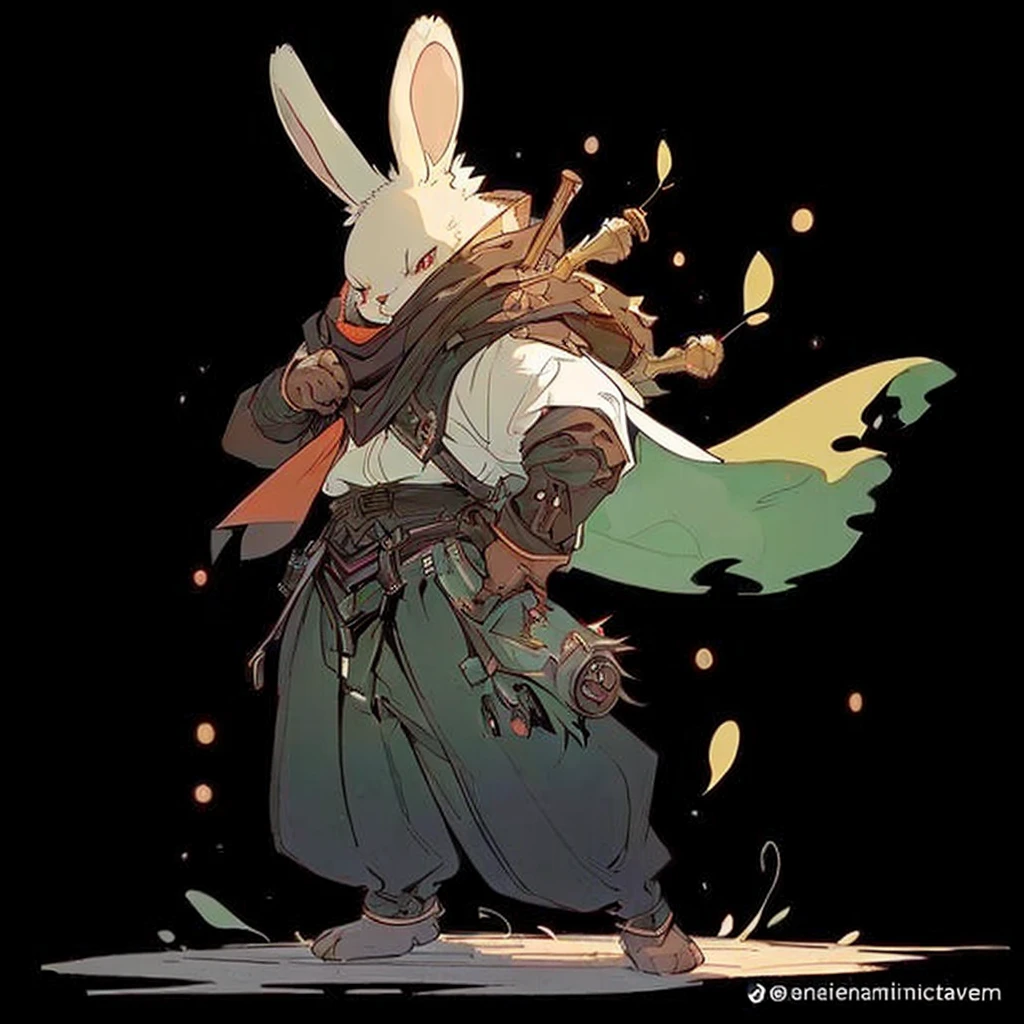 (((highest quality))), masterpiece, (medium shot:1.4), 1 rabbit, evil, villain, black, handsome, cool, black fur, tech gadgets, big ears, cool outfit, sword on back, cyber tech, (solid cream background:1.2), side shot, evil smile, facing left, scar on one eye, looking away from camera, futuristic, universe, (masterpiece:1.5), (soft, natural lighting:1.1), high res, ultrasharp, 8K