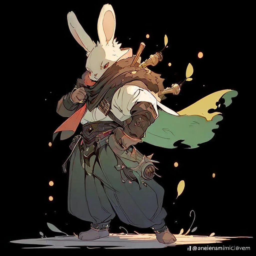 (((highest quality))), masterpiece, (medium shot:1.4), 1 rabbit, evil, villain, black, handsome, cool, black fur, tech gadgets, big ears, cool outfit, sword on back, cyber tech, (solid cream background:1.2), side shot, evil smile, facing left, scar on one eye, looking away from camera, futuristic, universe, (masterpiece:1.5), (soft, natural lighting:1.1), high res, ultrasharp, 8K