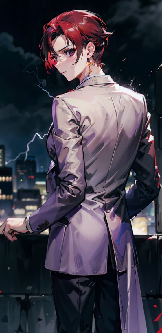 A young man with red hair and purple eyes in a gray suit stood alone with his back turned halfway in the rain, with lightning all around him at night.