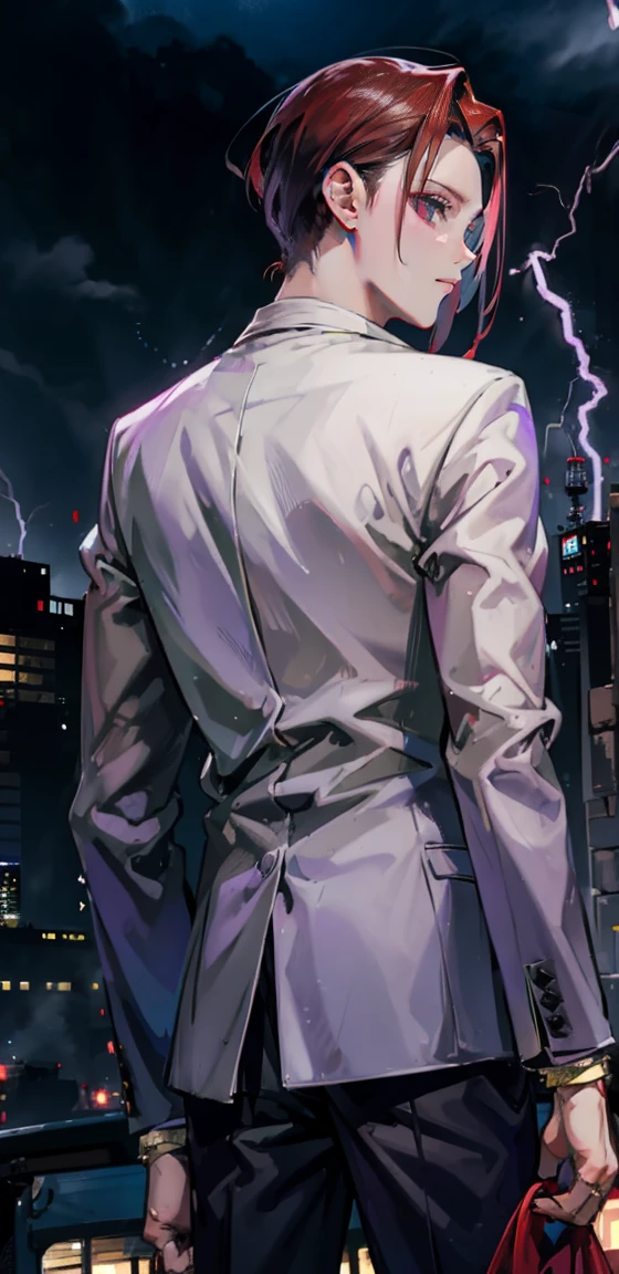 A young man with red hair and purple eyes in a gray suit stood alone with his back turned halfway in the rain, with lightning all around him at night.