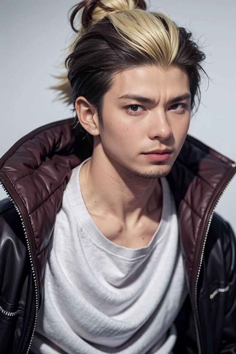 Realistic , handsome Ryuuji Suguro ,soft smile ,bun hairstyle
