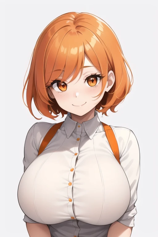 1 girl, Alone, Upper part of the body,
Orange hair, wide,
orange eyes, long eyelashes, thick eyelashes, looking at the viewer,
SMILE,
White shirt,
White background, simple background, ((busty1.87,))