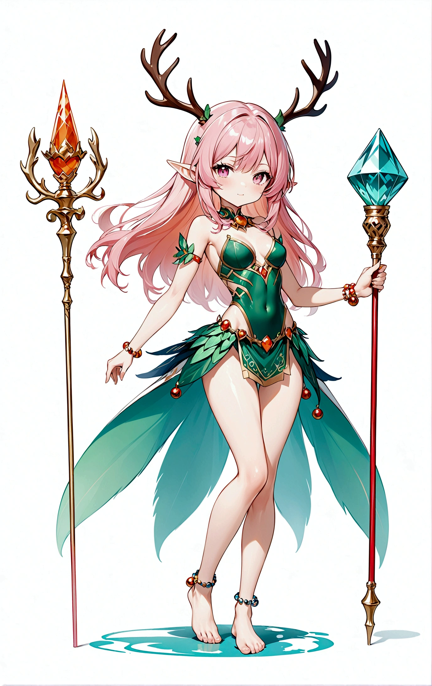 game character，Cartoon anime style，beautiful girl，Fluffy pink hair，Pink Eyes，antlers，Elf ears，Orange tulle short skirt，Metal gem-encrusted scepter，Slender legs，Standing barefoot，Bells on anklets。(((Correct human anatomy)))，White background
