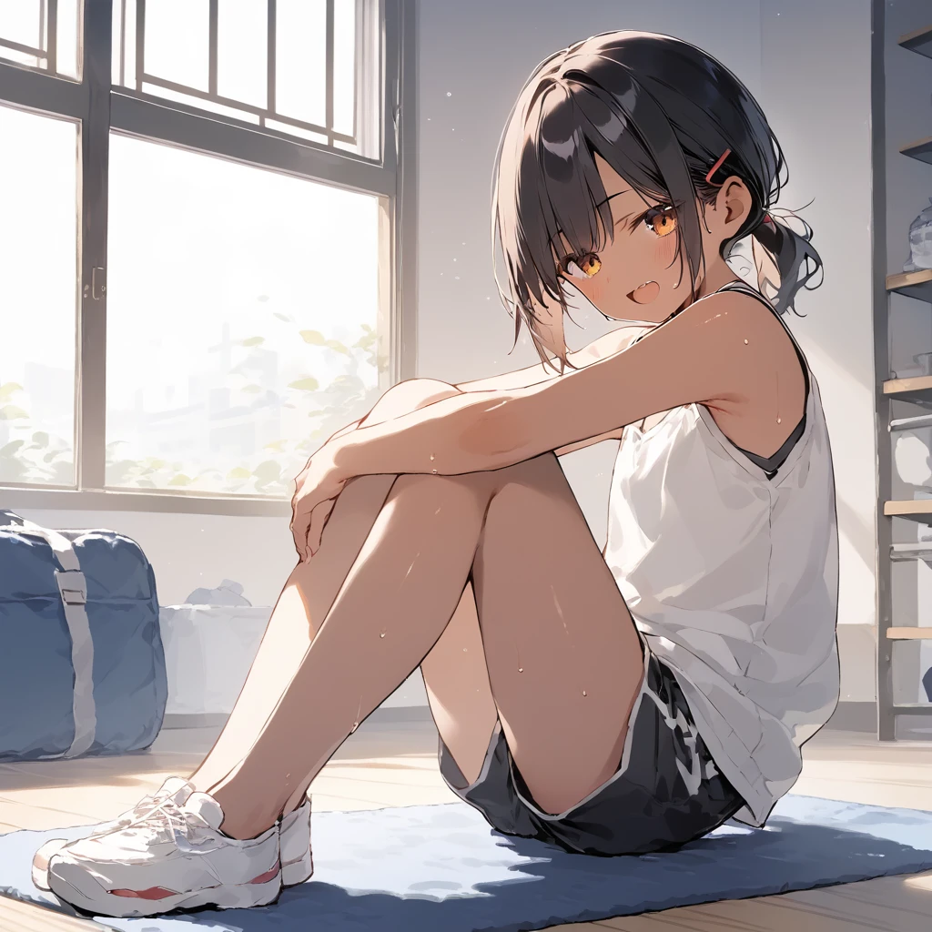 score_9, score_8_up, score_7_up, source_anime, best quality, masterpiece, official art, absurdres, highres, ultra-detailed,waifu2x,Collection: Slice of Life,break,1girl, tomboy, dark-skinned female, short hair, low ponytail, flat chest, beautiful detailed eyes, short shorts, sweat, open mouth, (yawn:0.3), sleepily, indoors, mat, gym storeroom,, break,(clear line illustration:1.2),very high resolution, very aesthetic, super detailed skin, Best sexual lighting powered by famous artist, 8k,cute picture,beauty illustration,photoshop_(medium),,(Detailed Lighting),best anime 8k konachan wallpaper, pixiv contest winner,
