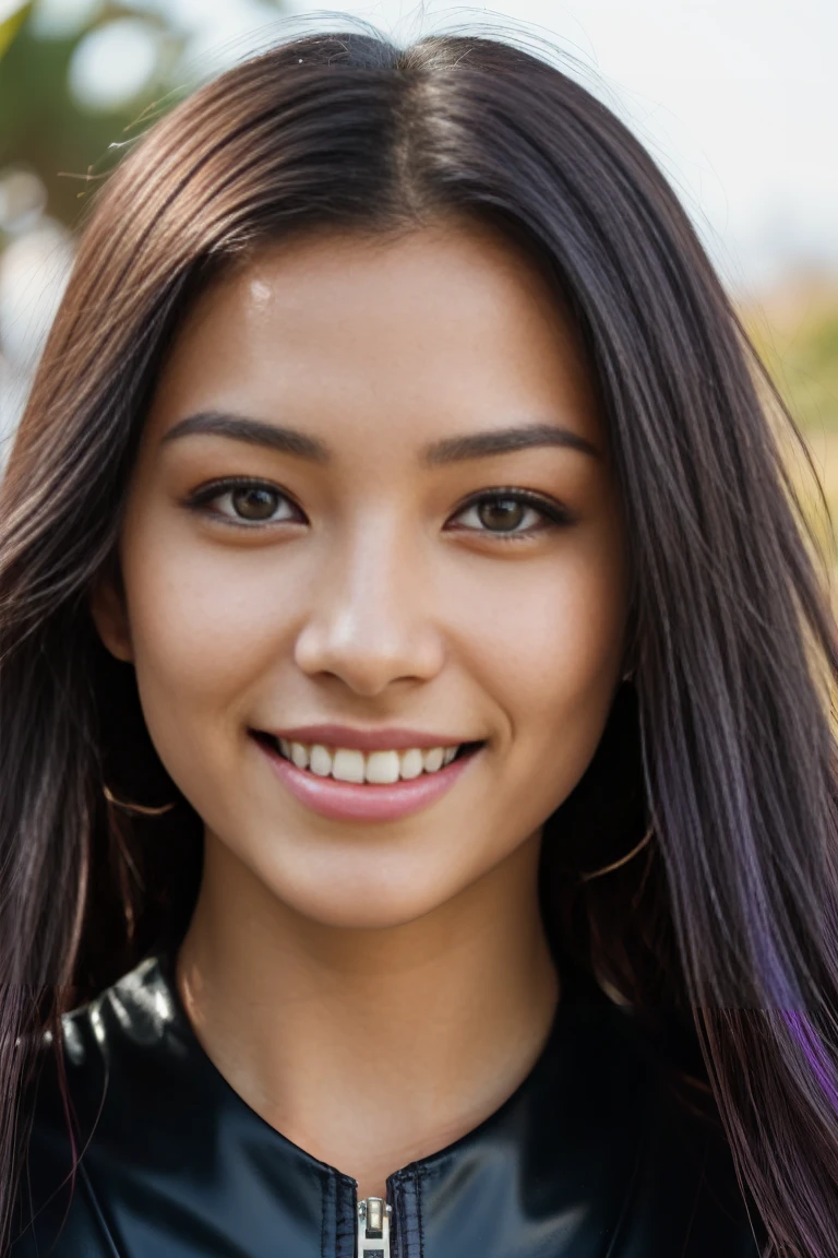 arafed woman with long black hair with purple highlights, flowing long black hair with, with black hair, photo of a beautiful woman, long flowing black hair, black golden hour, curly black hair, beautiful young asian woman, beautiful asian woman, wild ginger hair, pink wispy hair, light black hair, a young asian woman, an asian woman, infp young woman, Portrait photo of a 24-year-old french girl in RAW UHD format (Brown-eyed woman) , surfing), Details (textures! , Hair! , glistering, Color!! , imperfections: 1.1), highly detailed glossy eyes (looking at the camera), DSLR Lighting, SLR camera, Ultra-Quality, sharpness, Depth of field, Film grain , Fujifilm XT3, Crystal clear, Frame Center, beautiful face, sharp-focus, bokeh (sunlight), (open sky), detailed skin pores, oilly skin, suntan, Complex eye details, (((smiling))), ((tight leather clothing)), (((navel)))