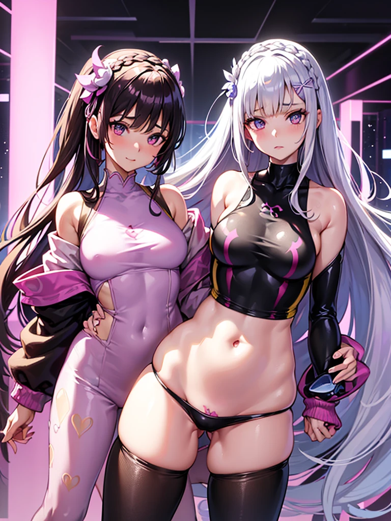 Emilia re:zero, purple eyes, Emilia, crown braid, x hair ornament, flower hair ornament, white hair, long hair, medium breasts, ((Masterpiece)), best quality, absurderes, ultra detailed, holographic, cowboy shot, golden ratio, super cute girl, mature girl, idol girl, super beautiful asian girl with very beautiful violet glowing eyes, beautiful glowing brown multicolored hair, high ponytail, nice and sexy body, slim body, perfect body, wearing a super tight anime printed leotard, an anime printed super tight off shoulder long sleeve crop top, a super aesthetic transparent mini jacket, beautiful hair ornament, pink jordan tennis, being photographed in a mall shop with her handsome skinny boyfriend, with dark messy hair, brown luminous eyes, wearing a white anime shirt, black shorts, and pink crocs