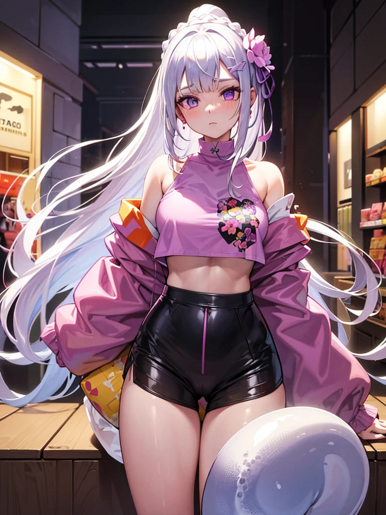 Emilia re:zero, purple eyes, Emilia, crown braid, x hair ornament, flower hair ornament, white hair, long hair, medium breasts, ((Masterpiece)), best quality, absurderes, ultra detailed, holographic, cowboy shot, golden ratio, super cute girl, mature girl, idol girl, super beautiful asian girl with very beautiful violet glowing eyes, beautiful glowing brown multicolored hair, high ponytail, nice and sexy body, slim body, perfect body, wearing a super tight anime printed leotard, an anime printed super tight off shoulder long sleeve crop top, a super aesthetic transparent mini jacket, beautiful hair ornament, pink jordan tennis, being photographed in a mall shop with her handsome skinny boyfriend, with dark messy hair, brown luminous eyes, wearing a white anime shirt, black shorts, and pink crocs