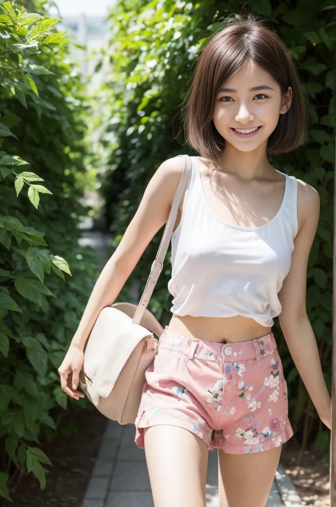 (Full body),(Light blue sleeveless cardigan:0.0),(white tank tops), croptop, Lens 135mm f1.8, (Best Quality),(Raw photo), (masutepiece:1.1), (Beautiful 16 year old Japan one girl), cute face,Dappled sunlight, Dramatic Lighting、(Pink floral shorts),(beautiful thigh),Medium Hair, (Smile),(Sparkling eyes)、Photo from the thigh up, the face and body are directed in the direction of the viewer,