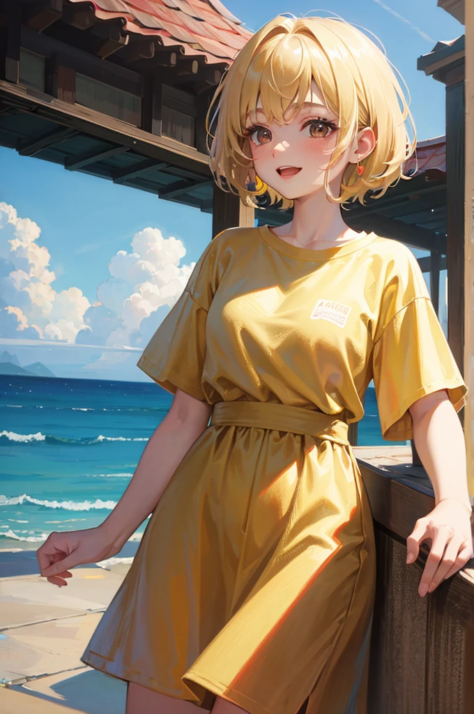 ８K, Highest quality, masterpiece, Ultra-detailed、Blonde、Short Hair、full lips、Brown eyes、１８Year-old beauty、Portrait、Rooftop、laughing、T-Shirts、