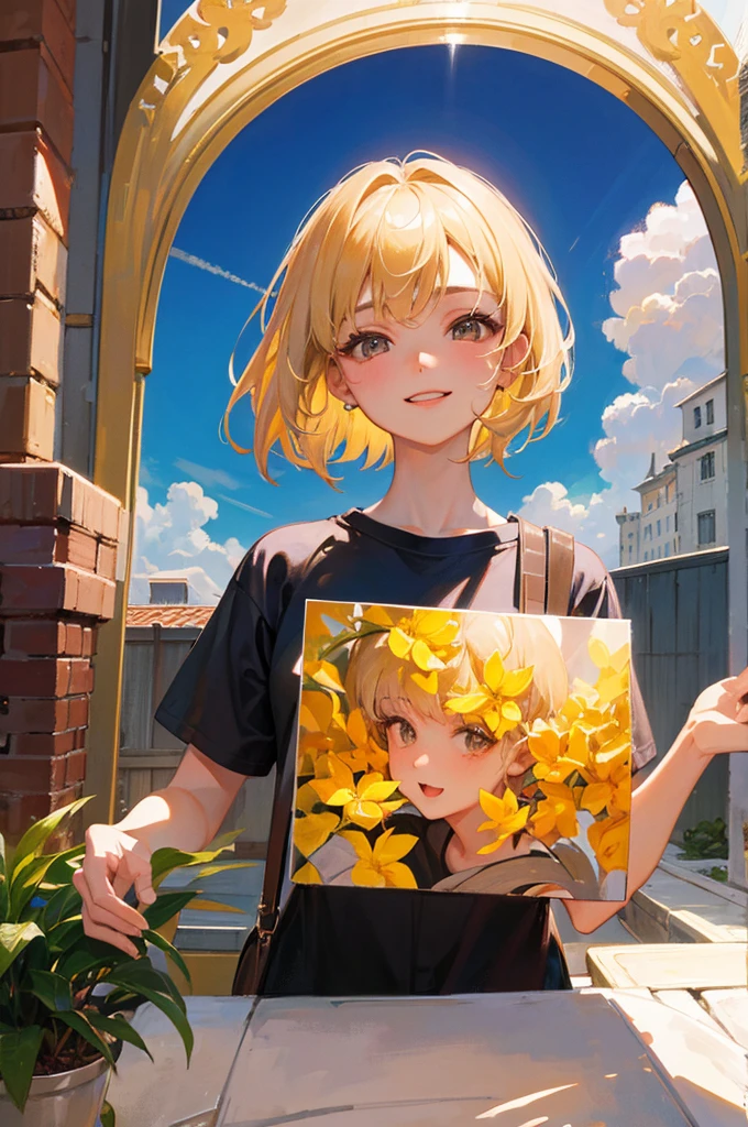 ８K, Highest quality, masterpiece, Ultra-detailed、Blonde、Short Hair、full lips、Brown eyes、１８Year-old beauty、Portrait、Rooftop、laughing、T-Shirts、