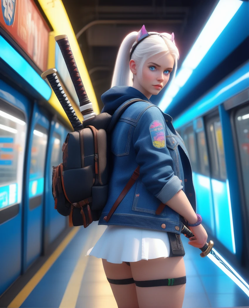 A cute young lady with white ponytailed hair, horn headband, wearing a dark denim jacket, a backpack with a katana, blue eyes, cyberpunk, subway, hyperrealism, photorealistic, 8k, unreal engine, 3d render --ar 9:16 --niji 5 --style expressive --s 400