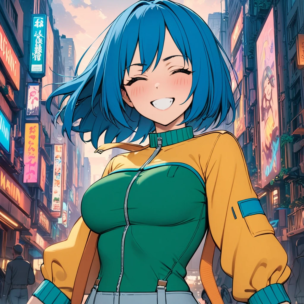 (masterpiece, Best quality:1.2), 1 girl, One, Kaslin, blue hair, happy