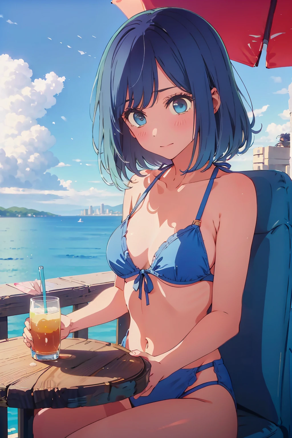 (Highest quality:1.4、8K:1.4、detailed)、F cup bust、Big Breasts、Slim body、Very white beautiful skin、((((1 person、Surprised expression、sit、Chair、In the background are the urban buildings of Tokyo、looking at the camera、Outdoor café terrace、coastal、Navy hair color、juice、Shooting up close、table、Very cute face))))、(Bikini straps slipping down:1.4)、Very blue sky、A completely cloudless sky